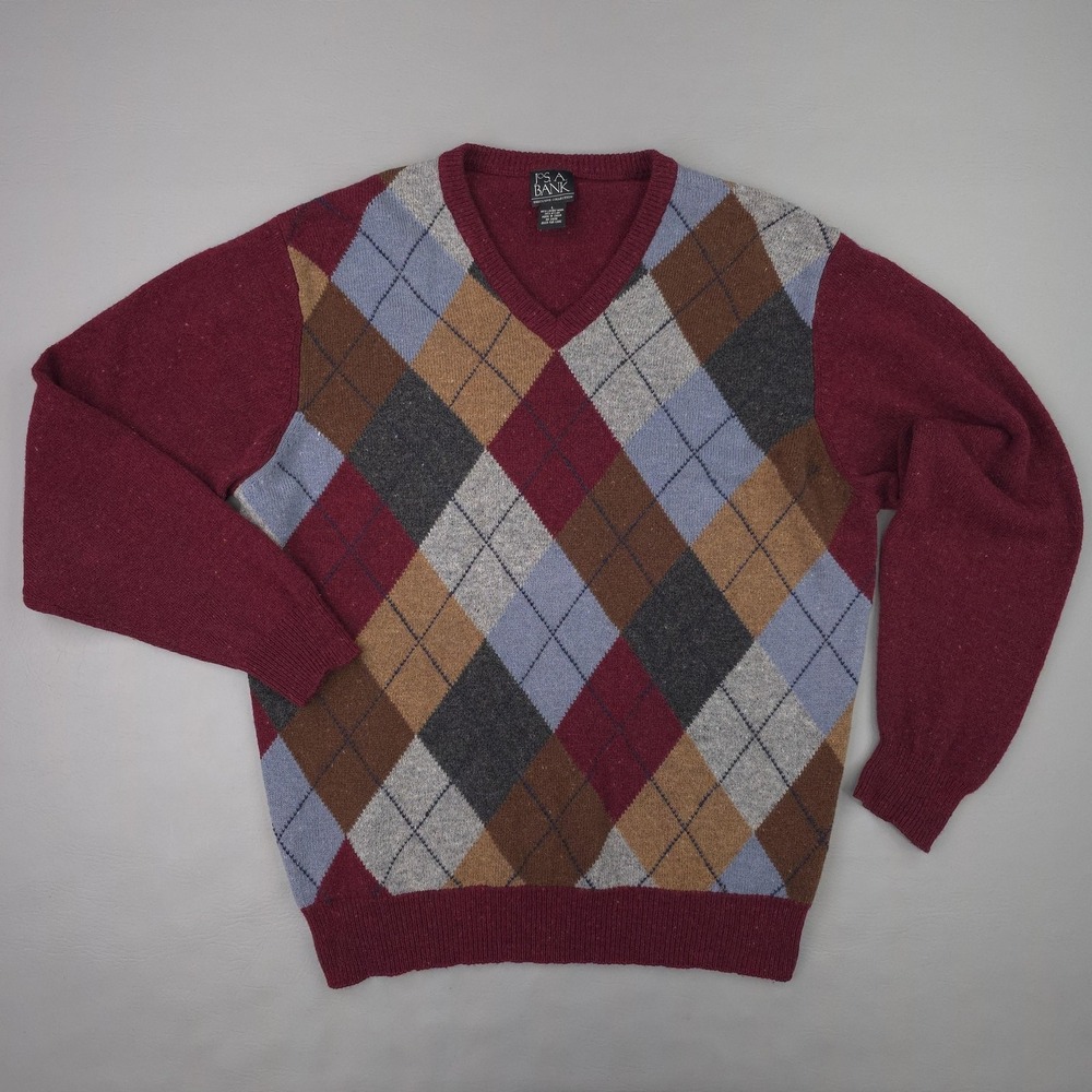Jos A Bank‎ Sweater Mens Large Burgundy Argyle V Neck Lambswool Knit Pullover